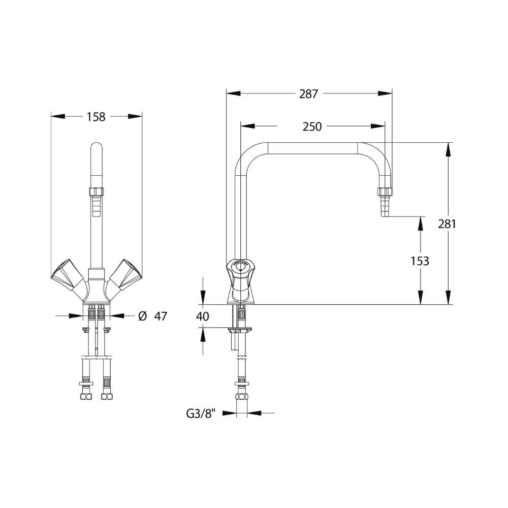 Schéma technique Mélangeur pour eau potable PRESTO First Labo 3 Saillie 250mm