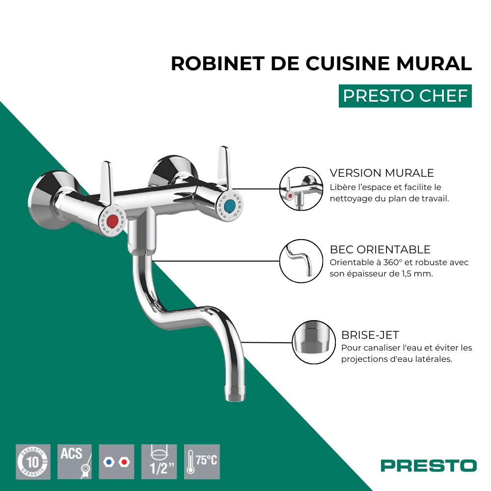 Robinet de cuisine mural PRESTO Chef chromé