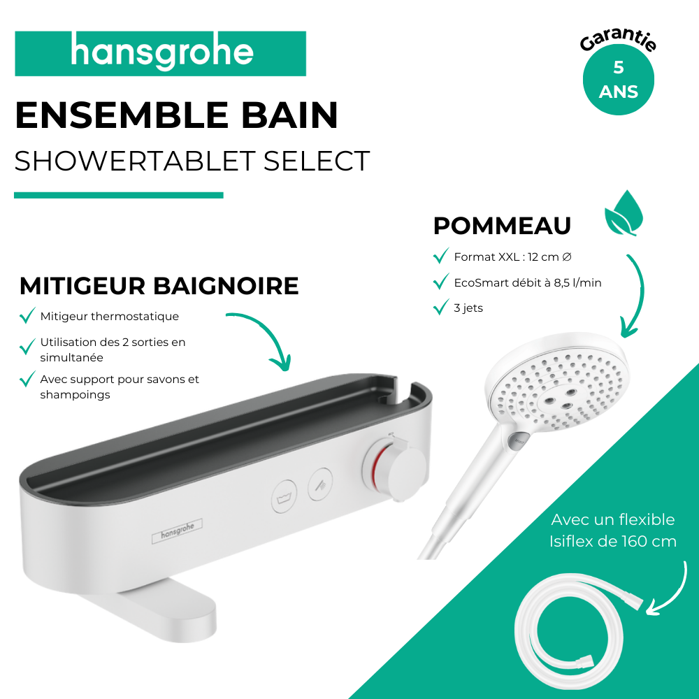 Avantages Pack mitigeur HANSGROHE ShowerTablet Select + Flexible Isiflex + Pommeau de douche Raindance Blanc mat