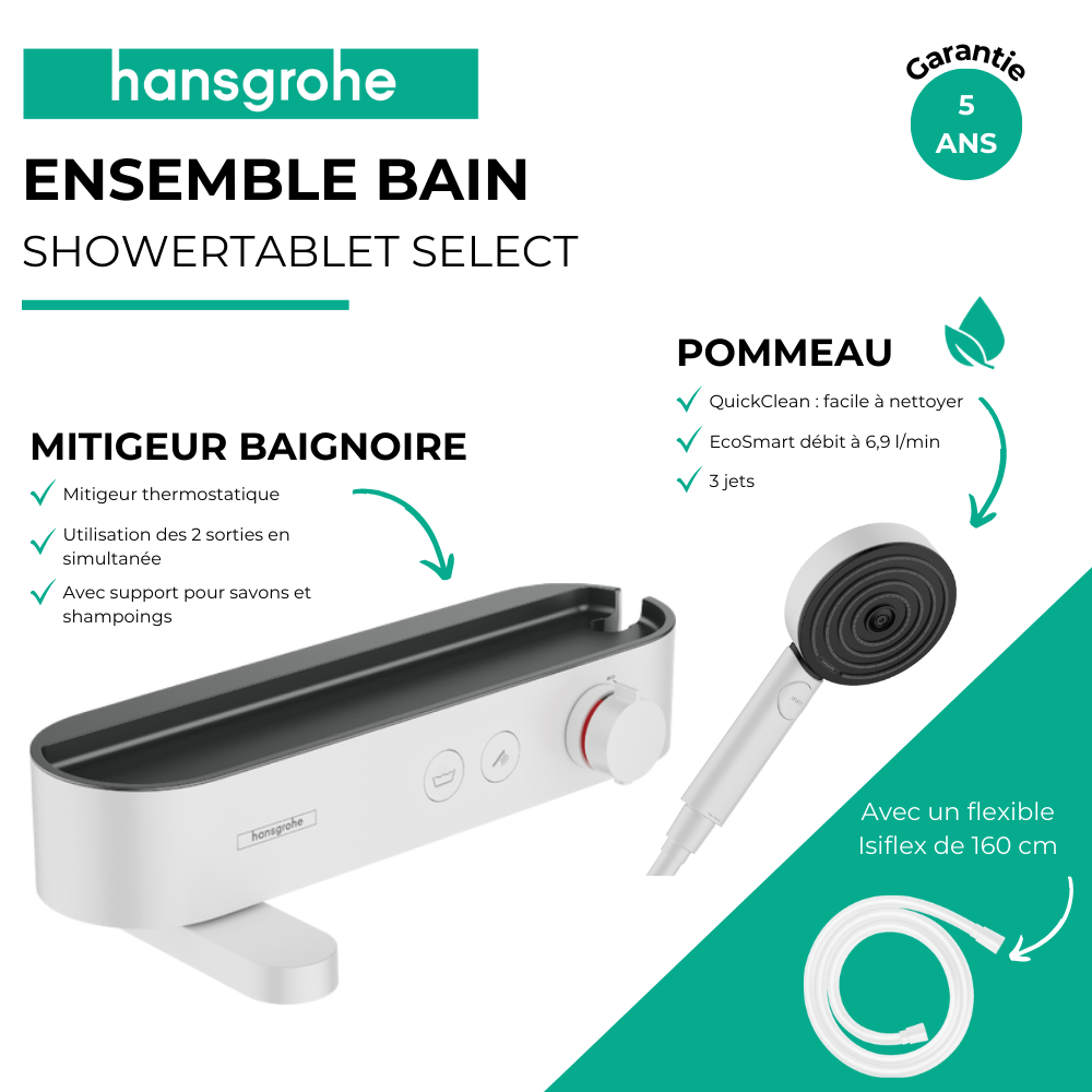 Avantages Pack mitigeur HANSGROHE ShowerTablet Select + Flexible Isiflex + Pommeau de douche Pulsify Select 3 jets Blanc mat
