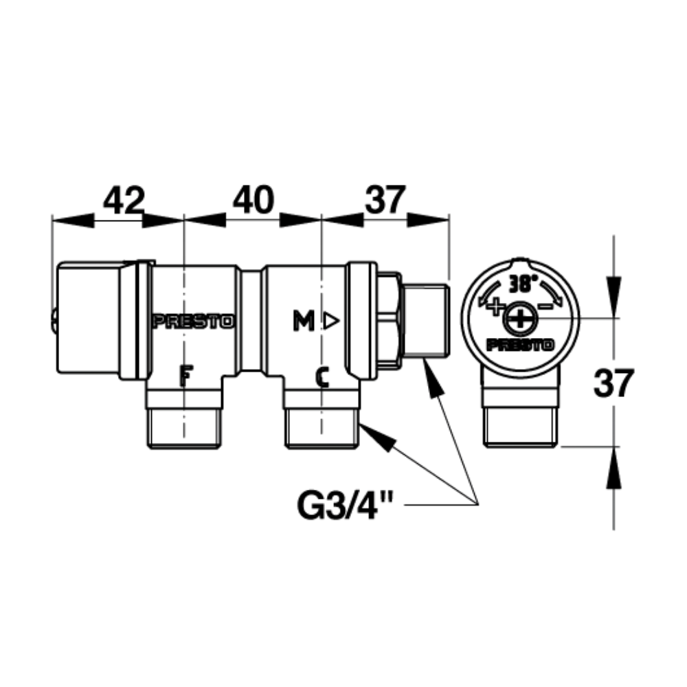 Schéma technique Régulateur thermostatique de sécurité à entrées parallèles 3/4'' Presto