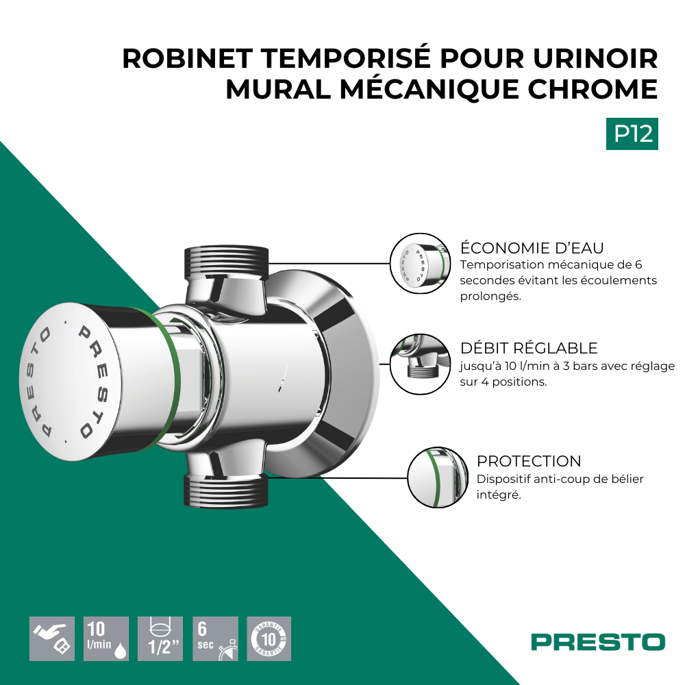 Robinet temporisé pour urinoir mural PRESTO P12 chrome | Batinea