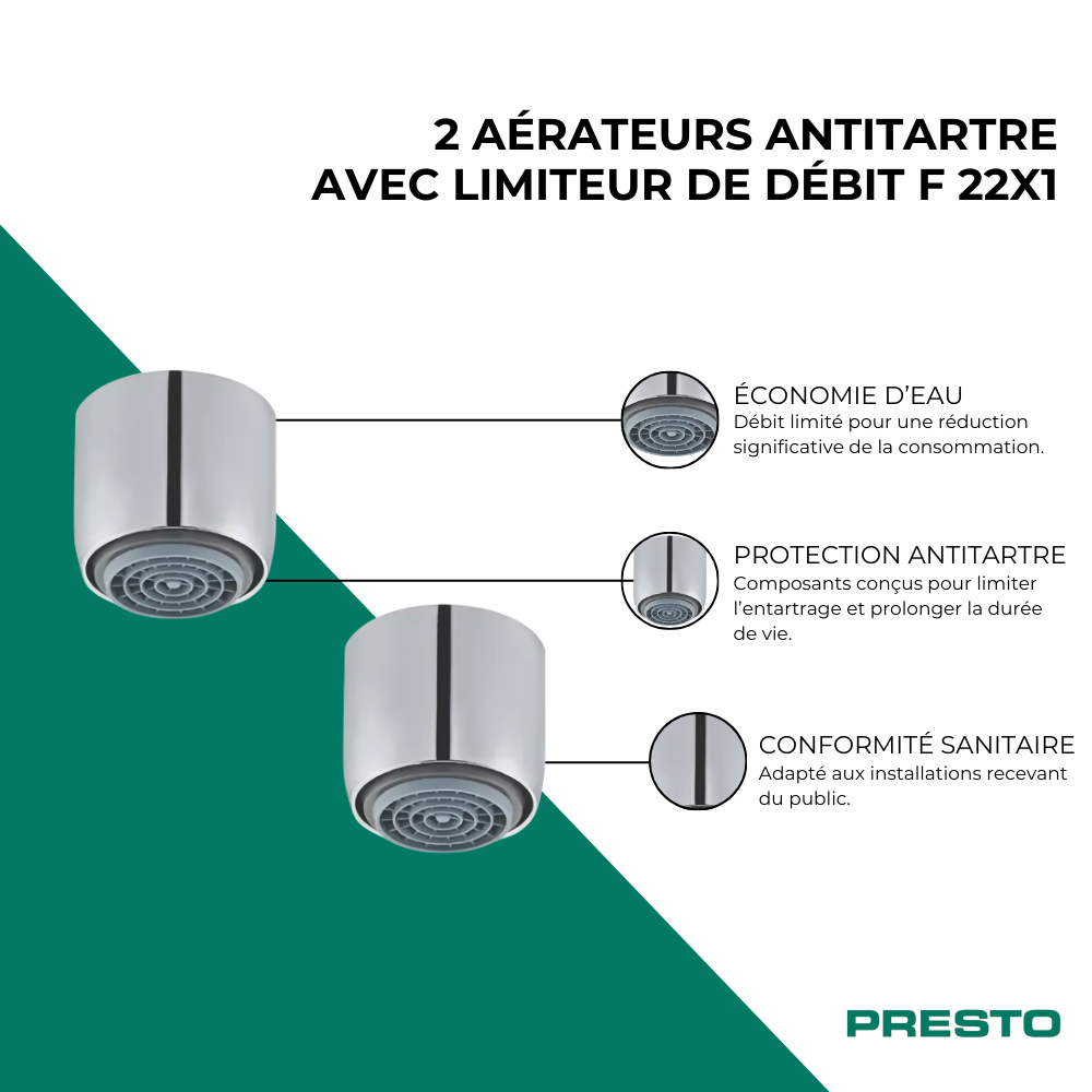 Points forts Lot de 2 aérateurs antitartre avec limiteur de débit 3 l/min F 22x1 PRESTO chromé