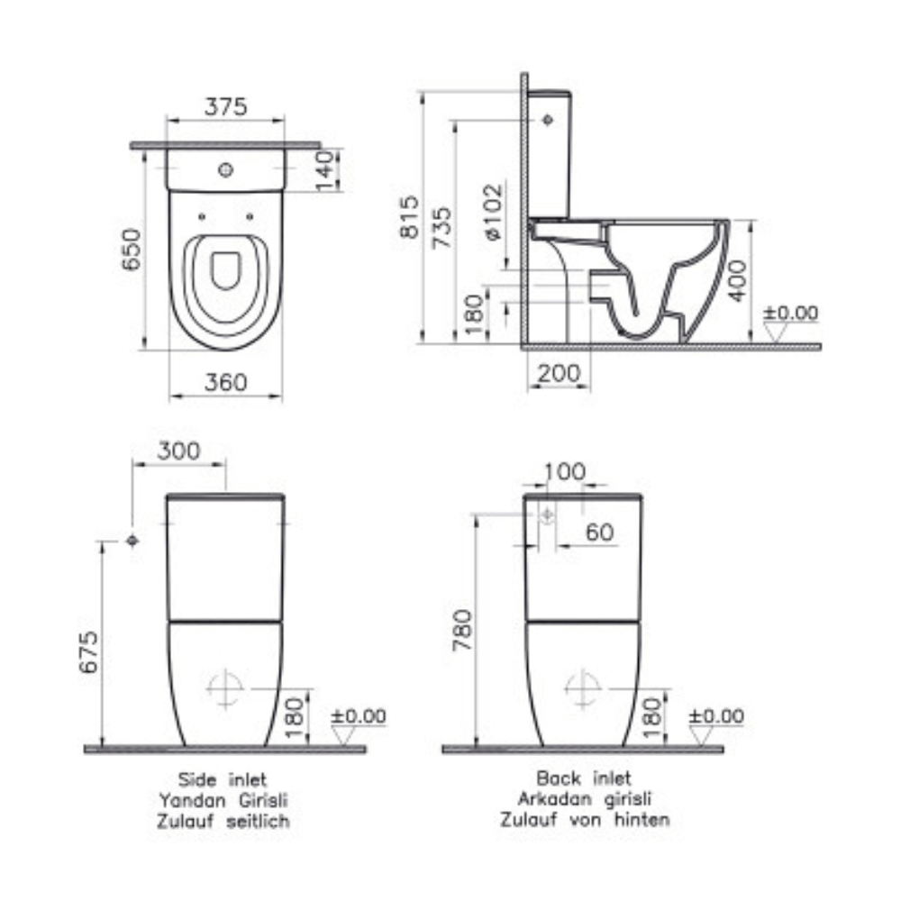 Dimensions du WC à poser compact sans bride VITRA Sento noir mat + abattant frein de chute