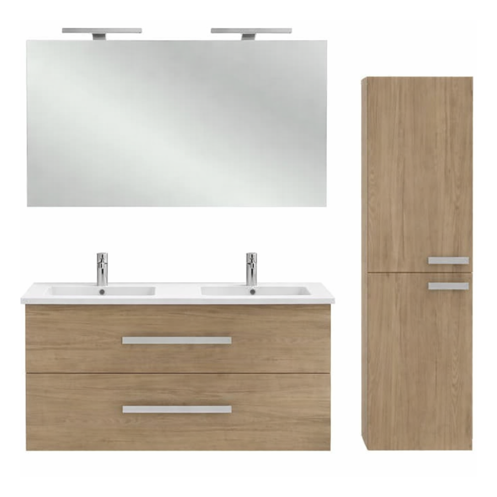 Pack meuble double vasque 120 cm JACOB DELAFON Ola Up + colonne + miroir + spot chêne
