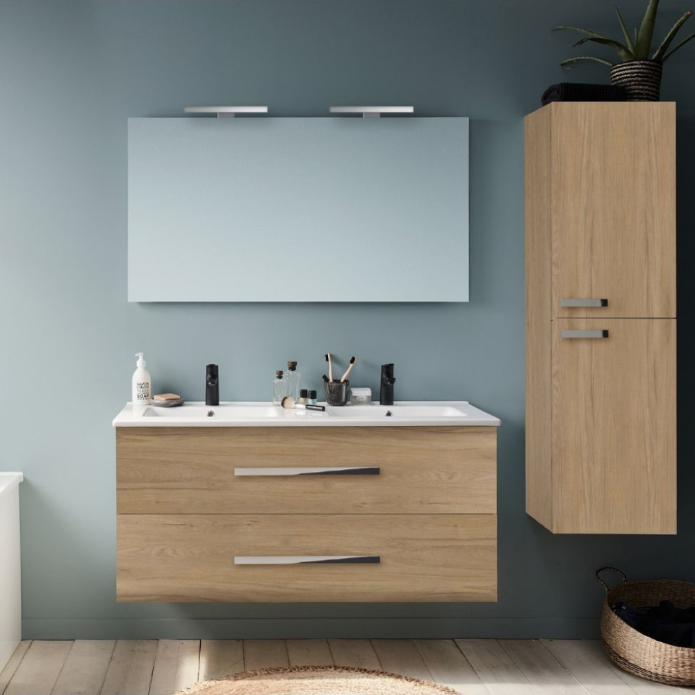 Pack meuble double vasque 120 cm JACOB DELAFON Ola Up + colonne + miroir + spot ambiance chêne