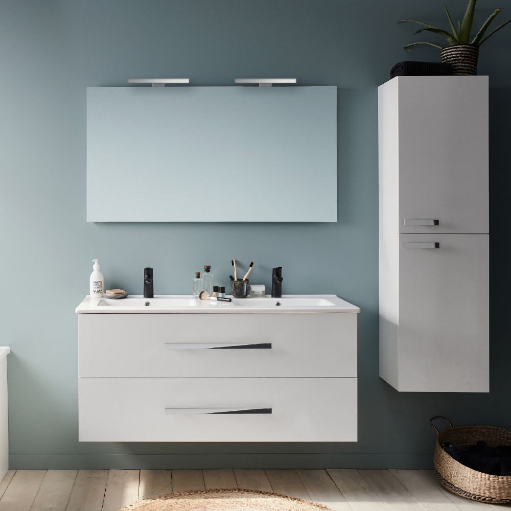 Pack meuble double vasque 120 cm JACOB DELAFON Ola Up + colonne + miroir + spot ambiance blanc