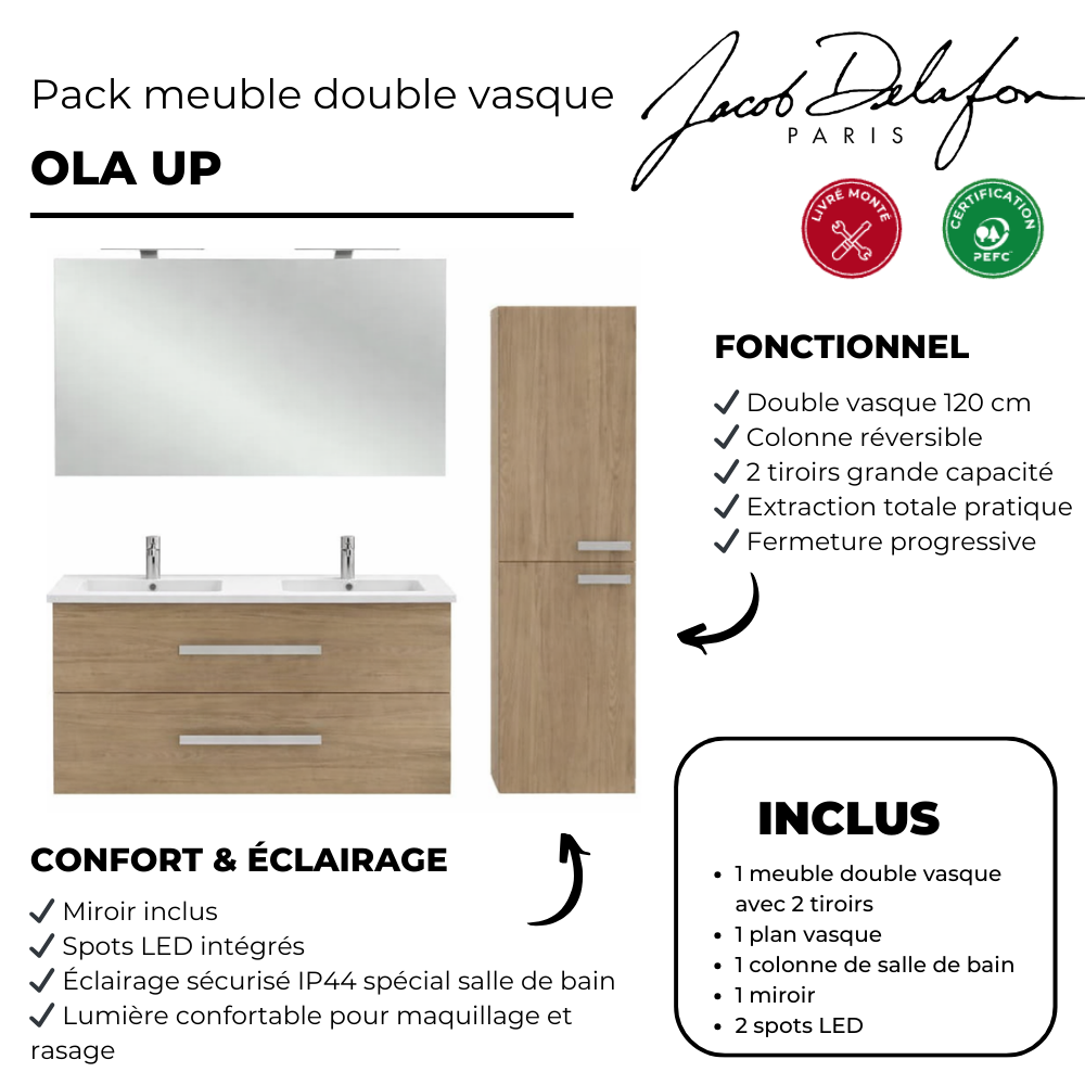 Pack meuble double vasque 120 cm JACOB DELAFON Ola Up + colonne + miroir + spot chêne point fort