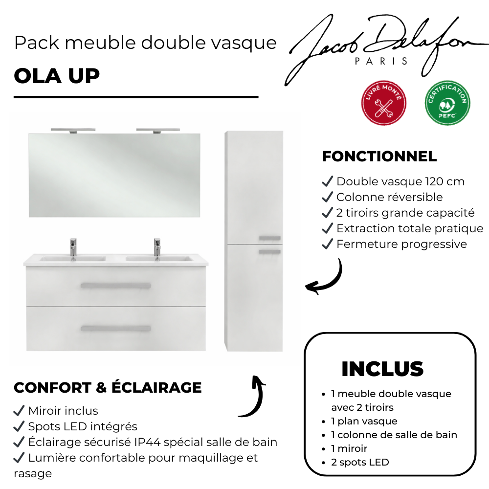 Pack meuble double vasque 120 cm JACOB DELAFON Ola Up + colonne + miroir + spot blanc point fort