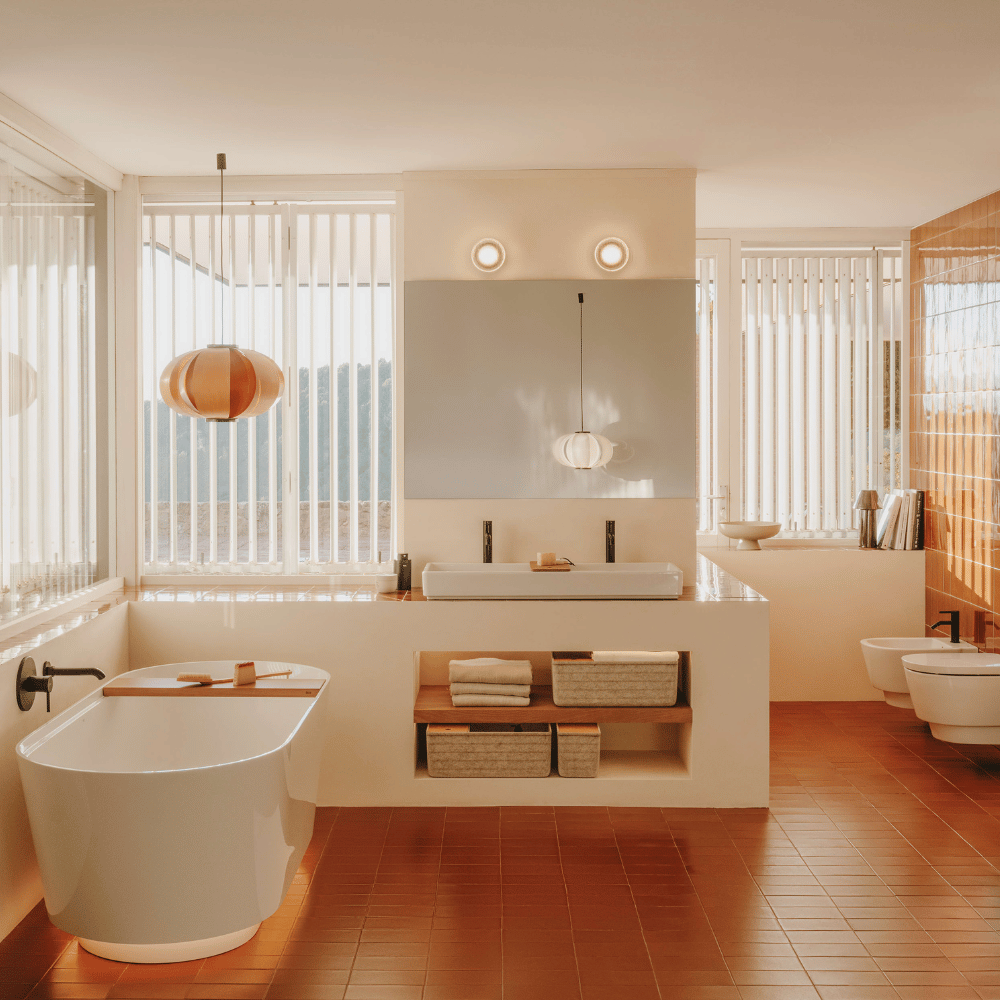 Salle de bain moderne avec lavabo mural autoportant percé 2 trous ROCA Tura blanc brillant 100 cm