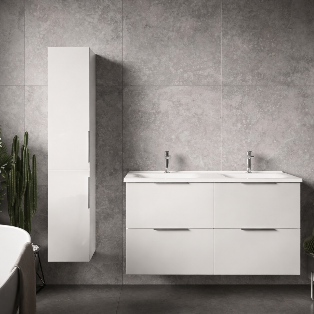Pack meuble double vasque 120 cm BURGBAD Olena + colonne ambiance blanc