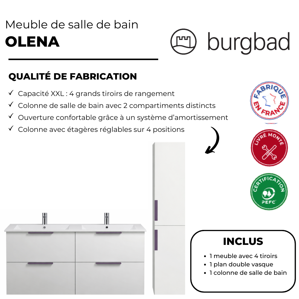 Pack meuble double vasque 120 cm BURGBAD Olena + colonne point fort blanc