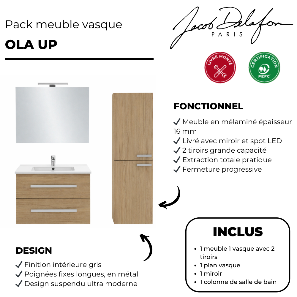 Pack meuble vasque JACOB DELAFON Ola Up + colonne + miroir + spot