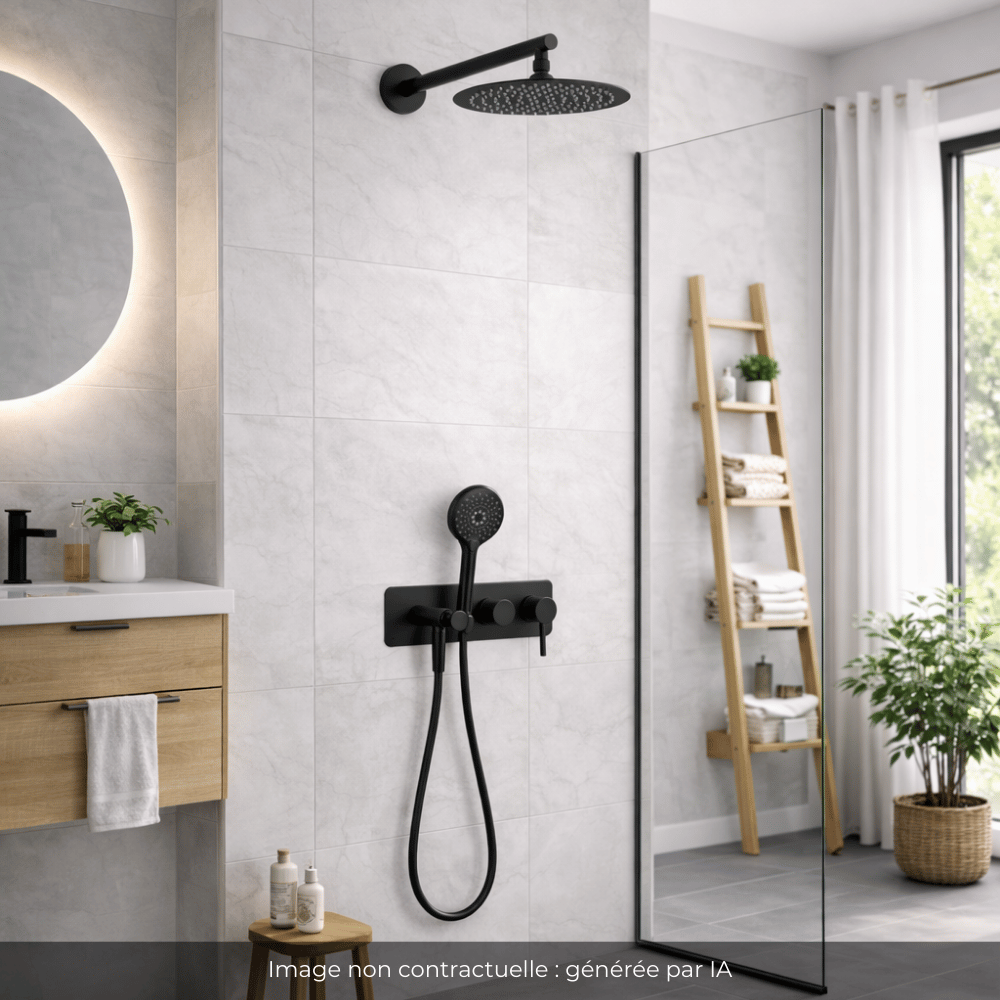 Colonne de douche mécanique encastré PAINI Cox + douchette 3 jets + corps encastré noir mat