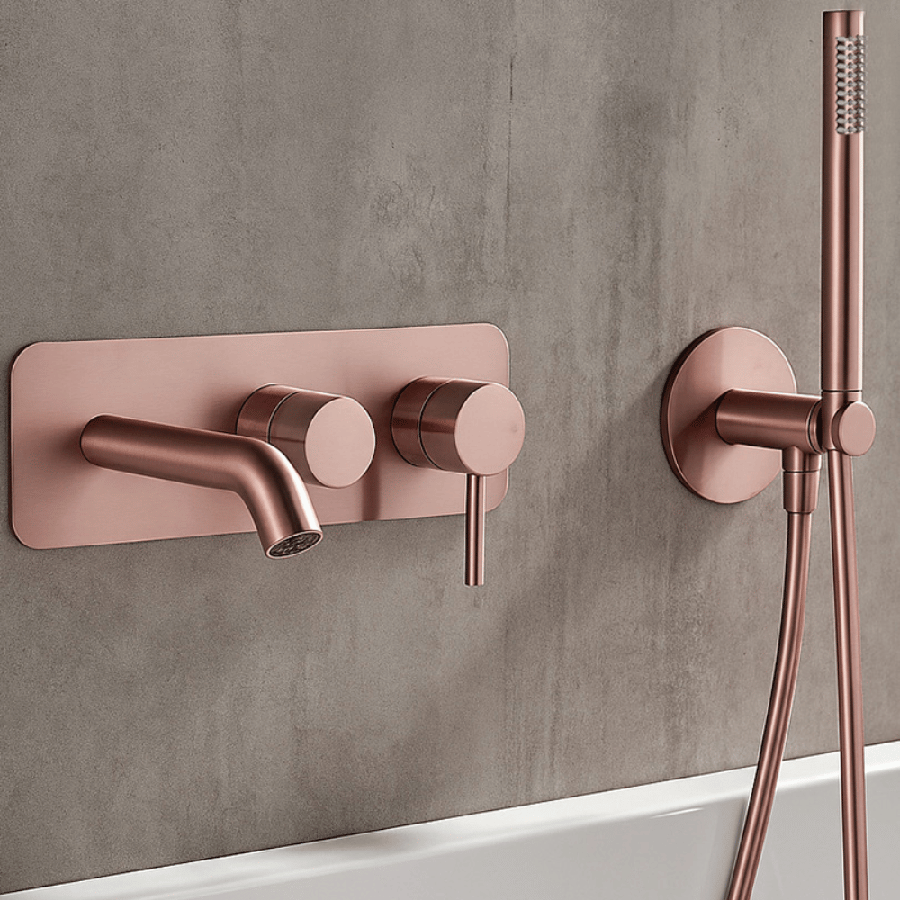 Zoom sur le mitigeur bain douche mécanique mural + douchette 1 jet + corps encastré PAINI Ortence bronze cuivré