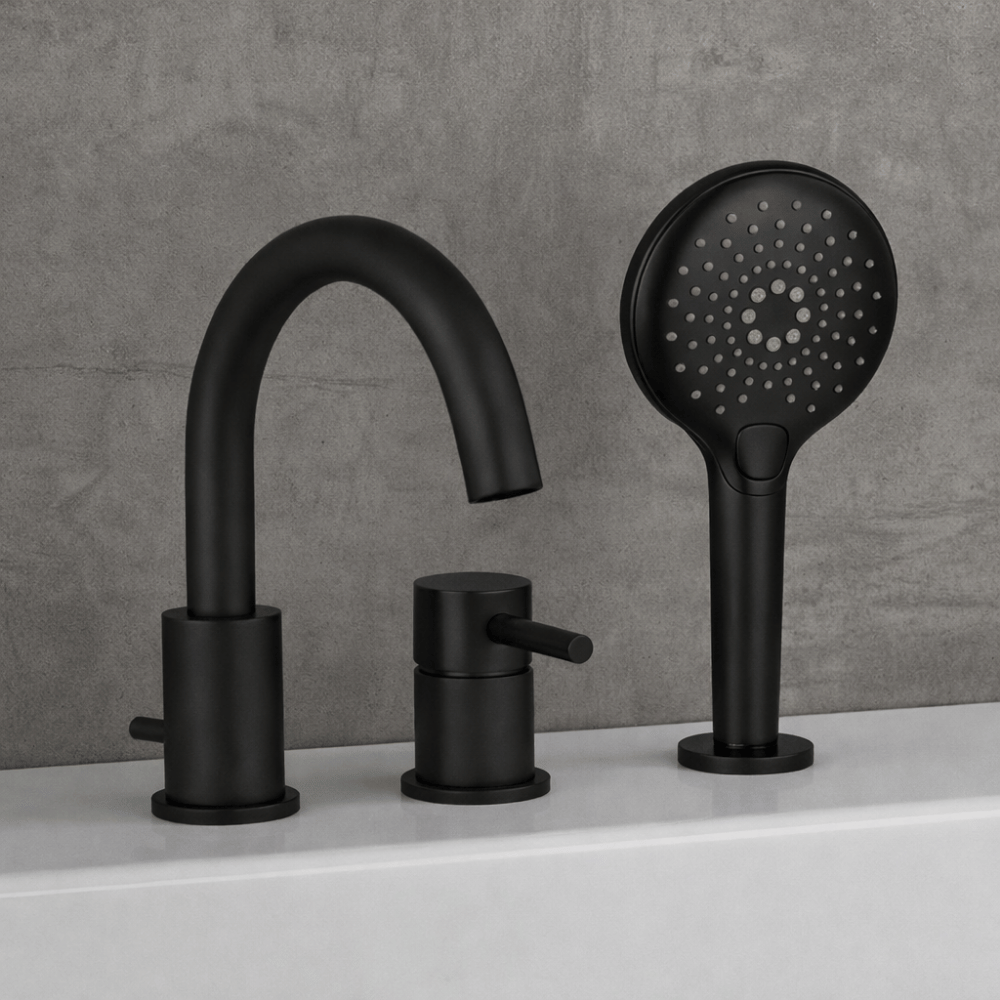 Zoom sur le mitigeur bain douche mécanique 3 trous + douchette 3 jets PAINI Cox noir mat
