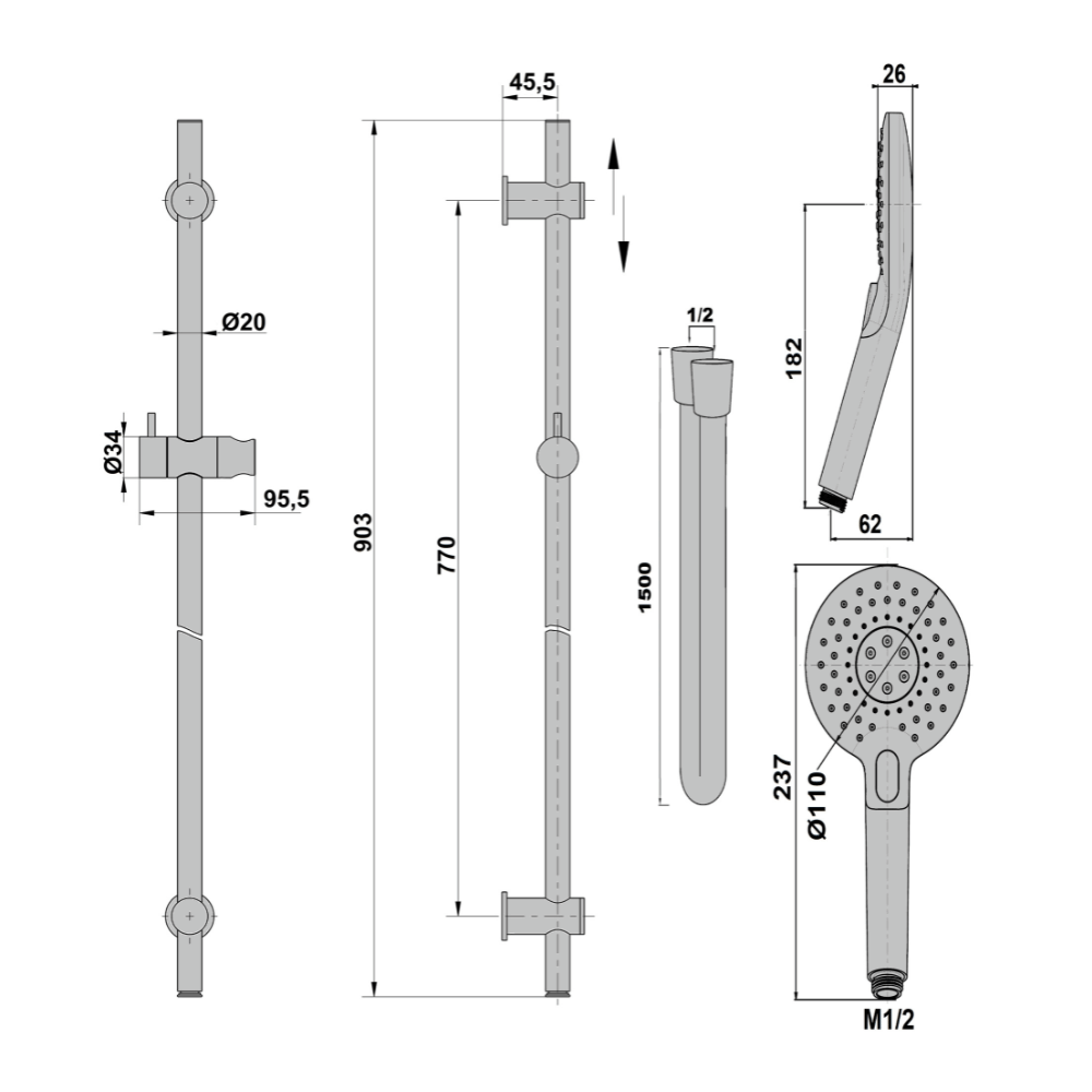 Schéma technique de l'ensemble de douche avec douchette 3 jets PAINI Jewel