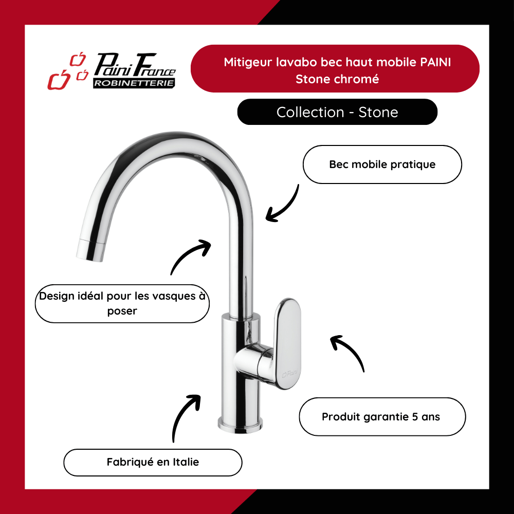 Points fort du mitigeur lavabo bec haut mobile PAINI Stone chromé