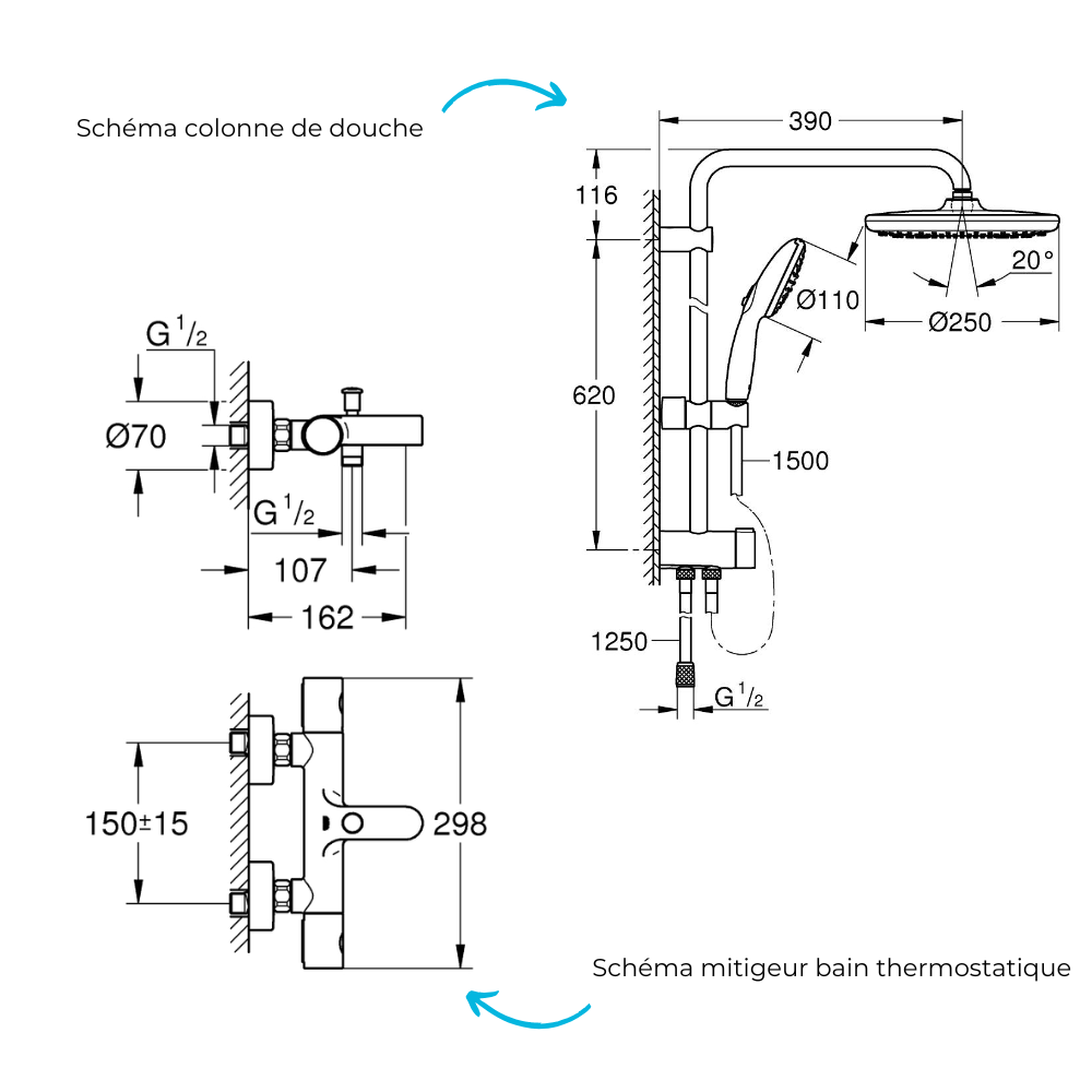 Schémas Pack mitigeur bain douche thermostatique GROHE Quickfix Precision Get + colonne GROHE Vitalio Start 250 Chromé