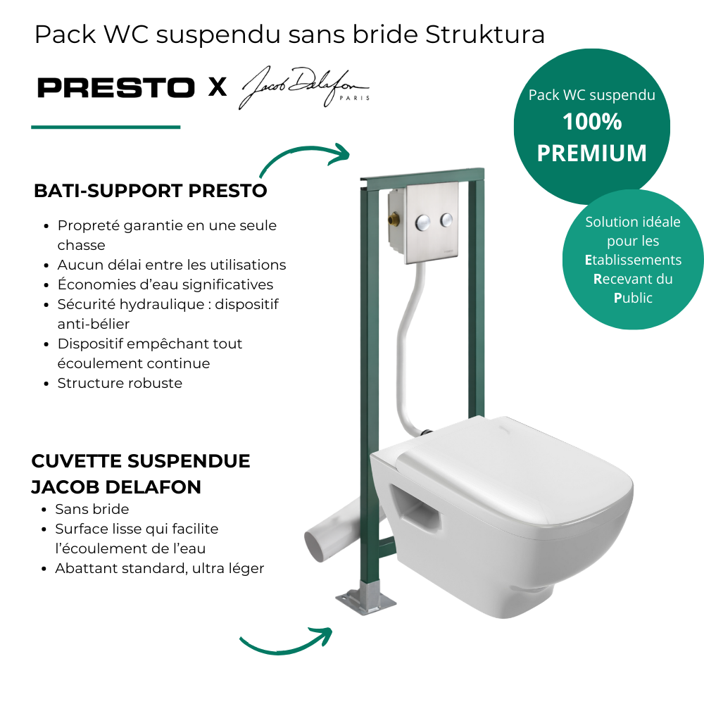 Avantages Pack WC suspendu sans bride JACOB DELAFON Struktura + Bâti-support autoportant PRESTO