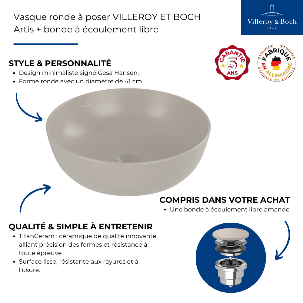 Avantages Vasque ronde à poser VILLEROY ET BOCH Artis + bonde à écoulement libre Amande