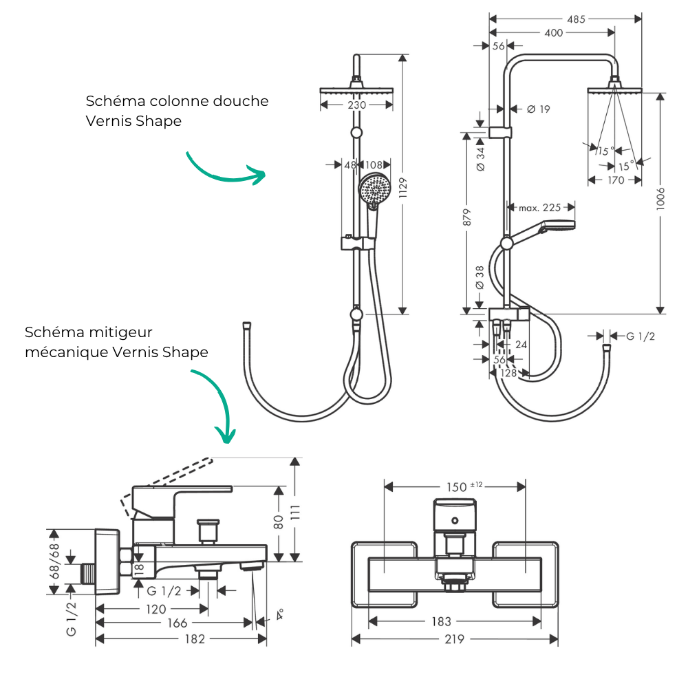 Schéma technique Pack mitigeur bain douche mécanique HANSGROHE Vernis Shape + colonne HANSGROHE Vernis Shape 230 chromé