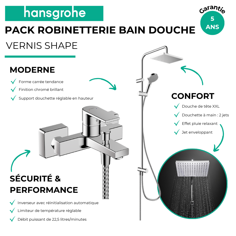 Avantages Pack mitigeur bain douche mécanique HANSGROHE Vernis Shape + colonne HANSGROHE Vernis Shape 230 chromé