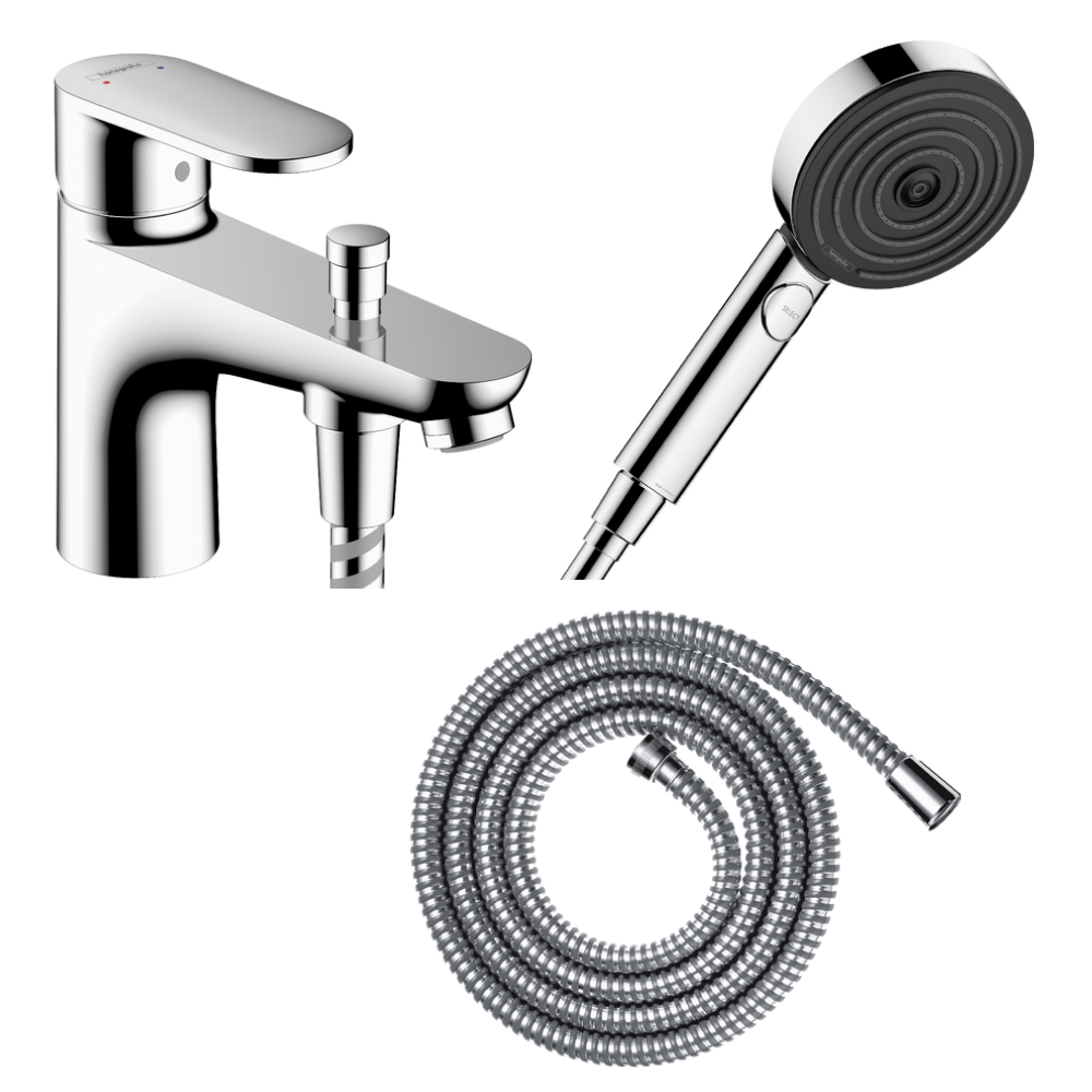 Pack mitigeur bain douche mécanique HANSGROHE Vernis Blend C2 + Pommeau de douche Pulsify Select 105 + Flexible metaflex chromé