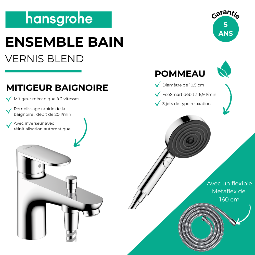 Avantages mitigeur bain douche HANSGROHE Vernis Blend C2 + Pommeau de douche Pulsify Select 105 + Flexible metaflex chromé