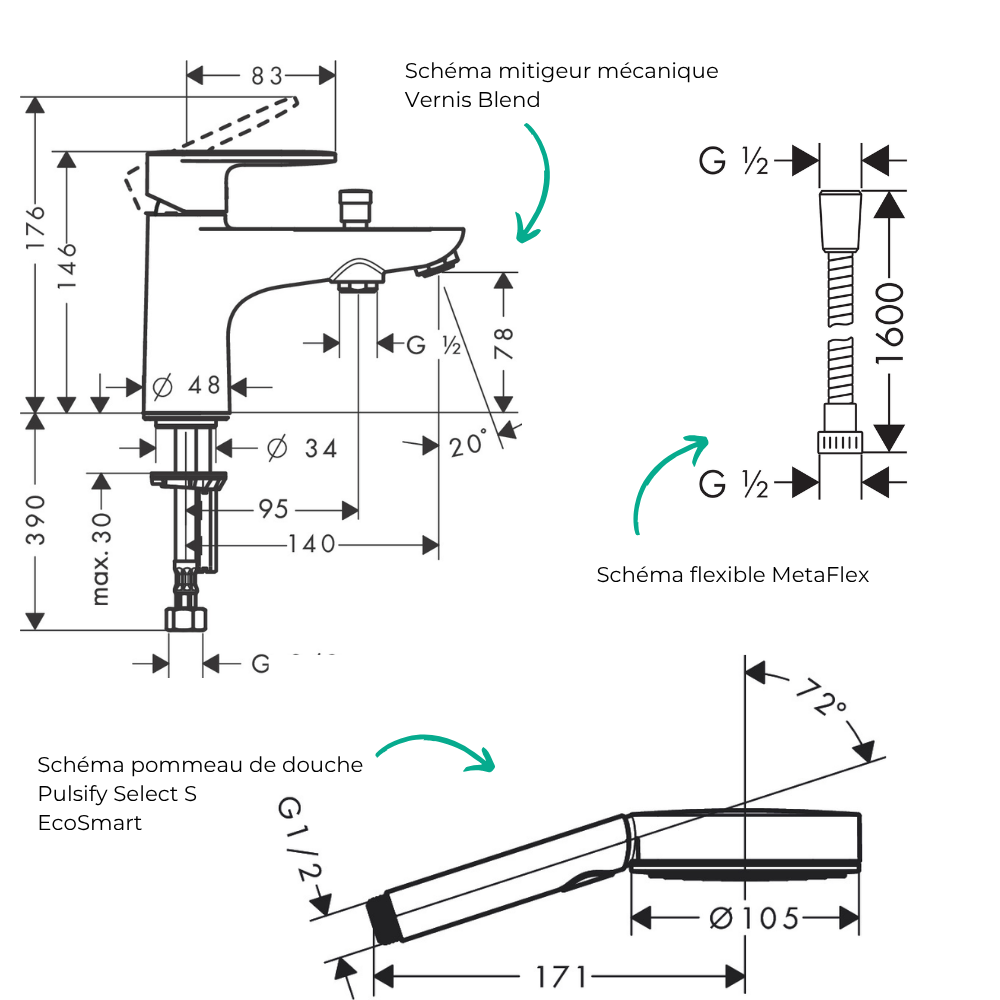 Schema mitigeur bain douche HANSGROHE Vernis Blend C2 + Pommeau de douche Pulsify Select 105 + Flexible metaflex chromé