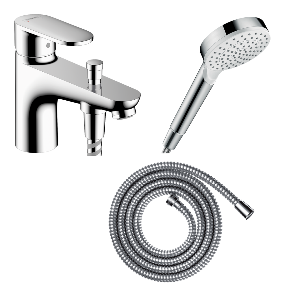 Pack mitigeur bain douche mécanique HANSGROHE Vernis Blend C2 + Pommeau de douche Crometta + Flexible Metaflex chromé