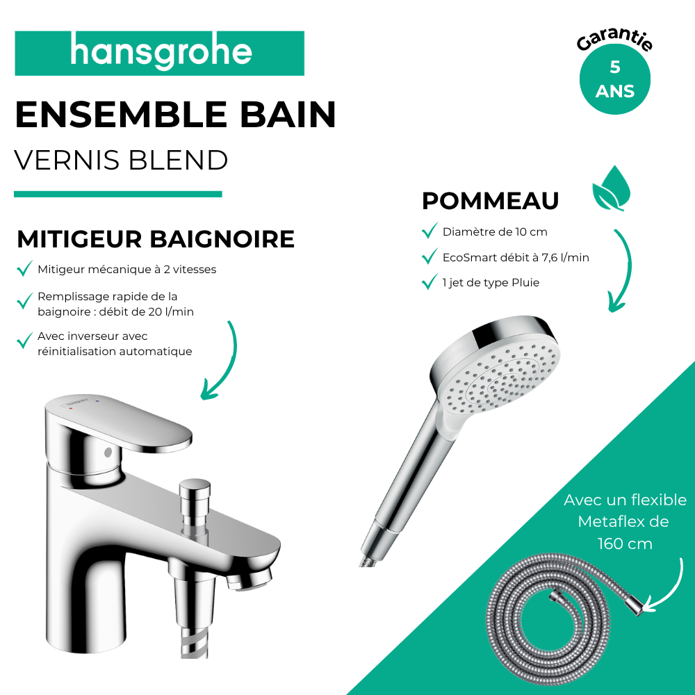 Avantages mitigeur bain douche mécanique HANSGROHE Vernis Blend C2 + Pommeau de douche Crometta + Flexible Metaflex chromé