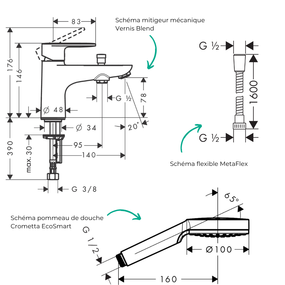 Schema mitigeur bain douche mécanique HANSGROHE Vernis Blend C2 + Pommeau de douche Crometta + Flexible Metaflex chromé