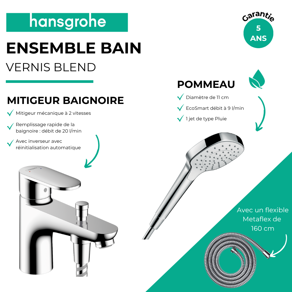 Avantages mitigeur bain douche mécanique HANSGROHE Vernis Blend C2 + Pommeau de douche Croma 110 + Flexible Metaflex chromé