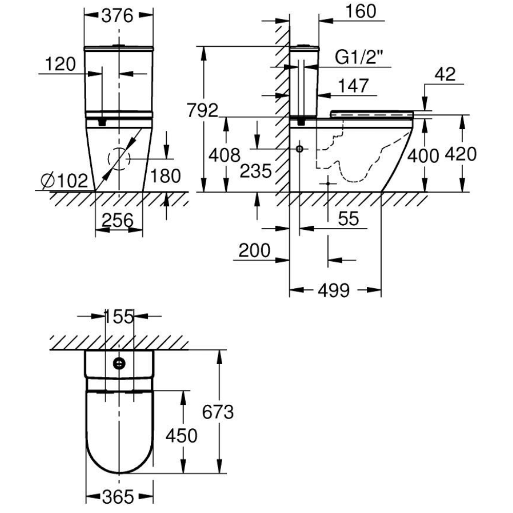 Dimensions du WC à poser sans bride GROHE Euro Ceramic 2.0 avec abattant frein de chute