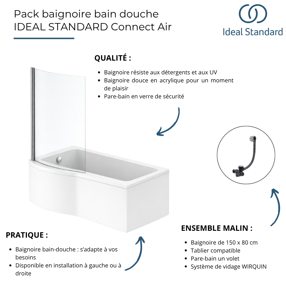 Pack baignoire bain douche IDEAL STANDARD Connect Air + pare-bain + tablier + vidage WIRQUIN | Batinea