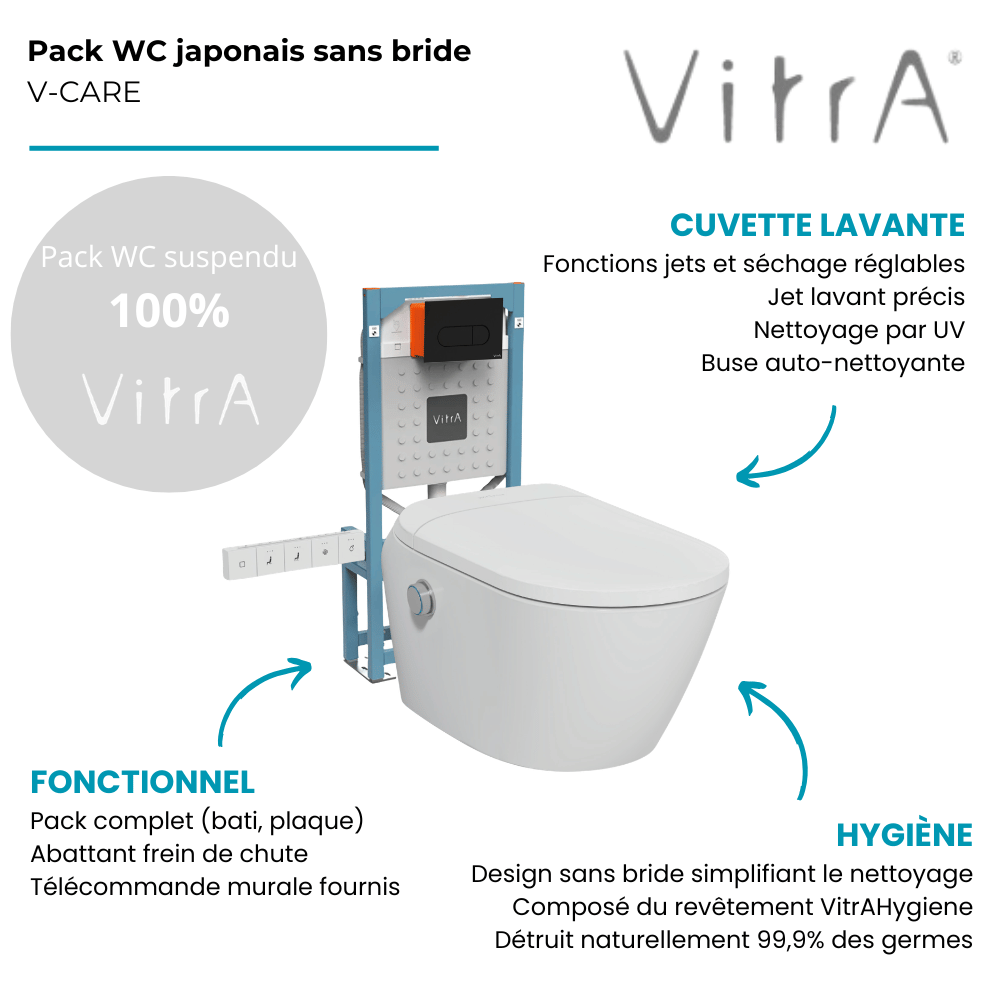 Pack WC lavant suspendu sans bride avec abattant et attentes électriques VitrA V-Care Ultra blanc + bâti autoportant V-Fix Easy