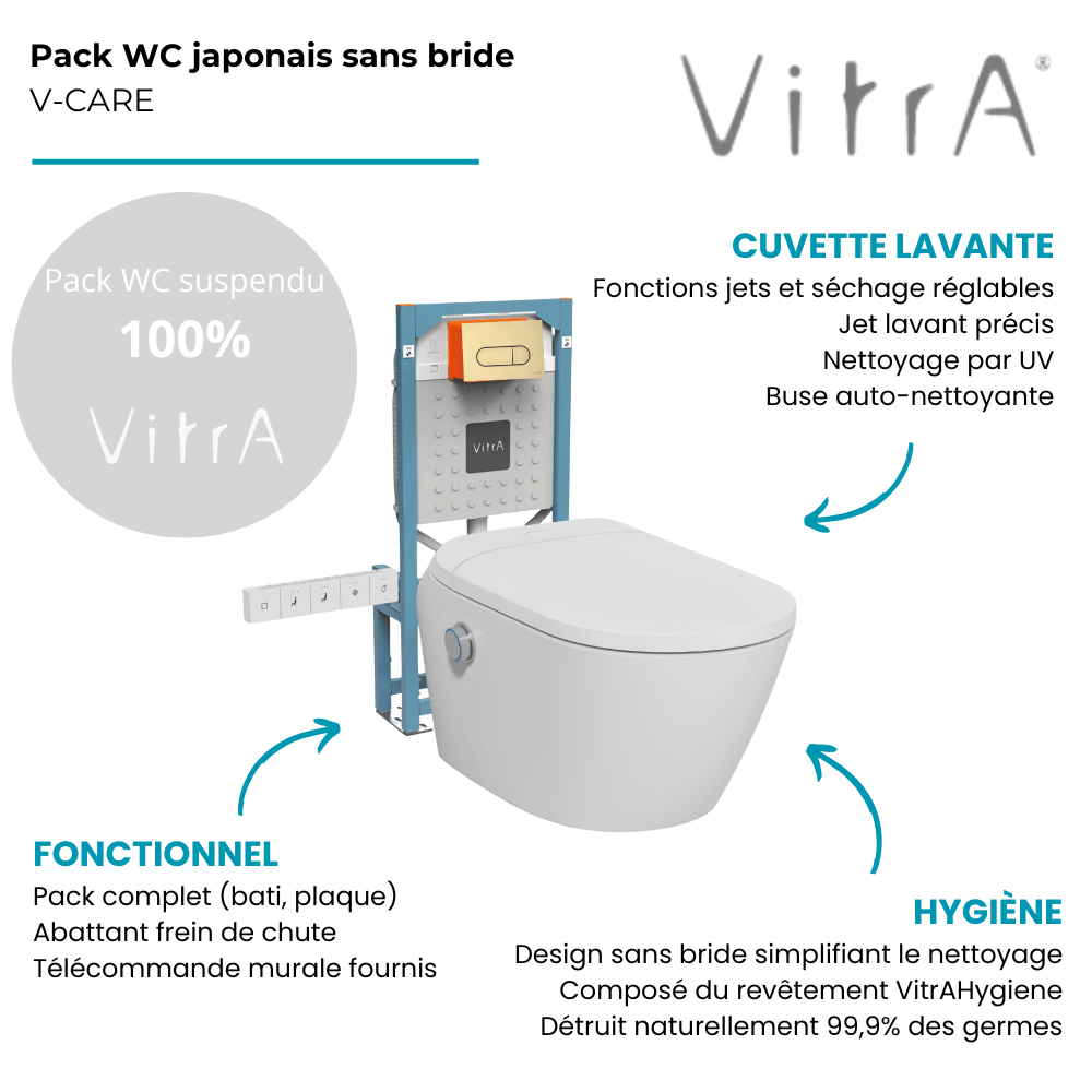 Pack WC lavant suspendu sans bride avec abattant et attentes électriques VitrA V-Care Ultra blanc + bâti autoportant V-Fix Easy