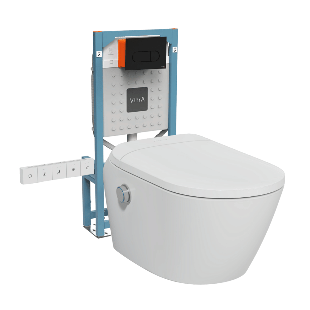 Pack WC lavant suspendu sans bride avec abattant et attentes électriques VitrA V-Care Ultra blanc + bâti autoportant V-Fix Easy