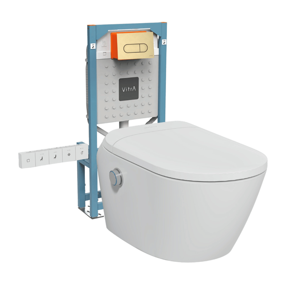 Pack WC lavant suspendu sans bride avec abattant et attentes électriques VitrA V-Care Ultra blanc + bâti autoportant V-Fix Easy