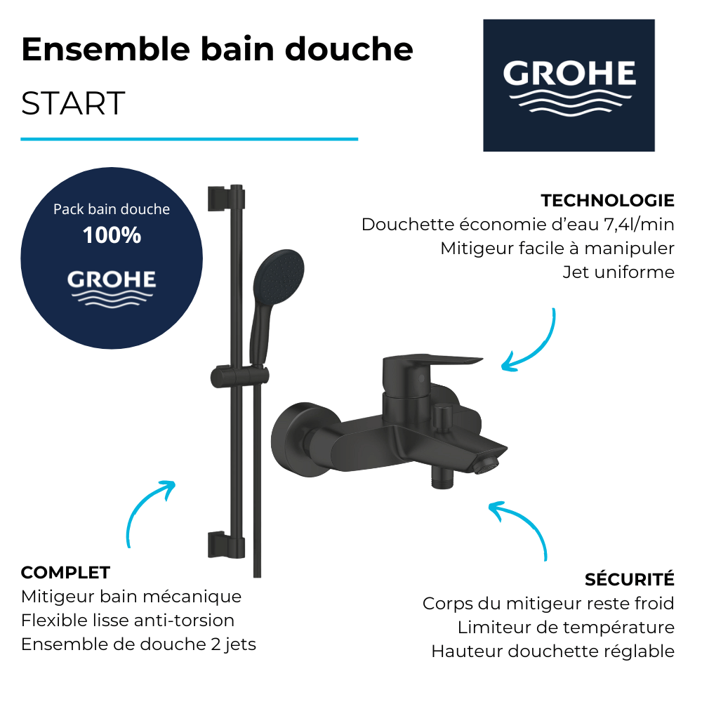 Mitigeur bain douche mécanique GROHE Start 2021 Noir mat + Ensemble de douche 2 jets avec barre Vitalio GROHE Start 110 | Batine