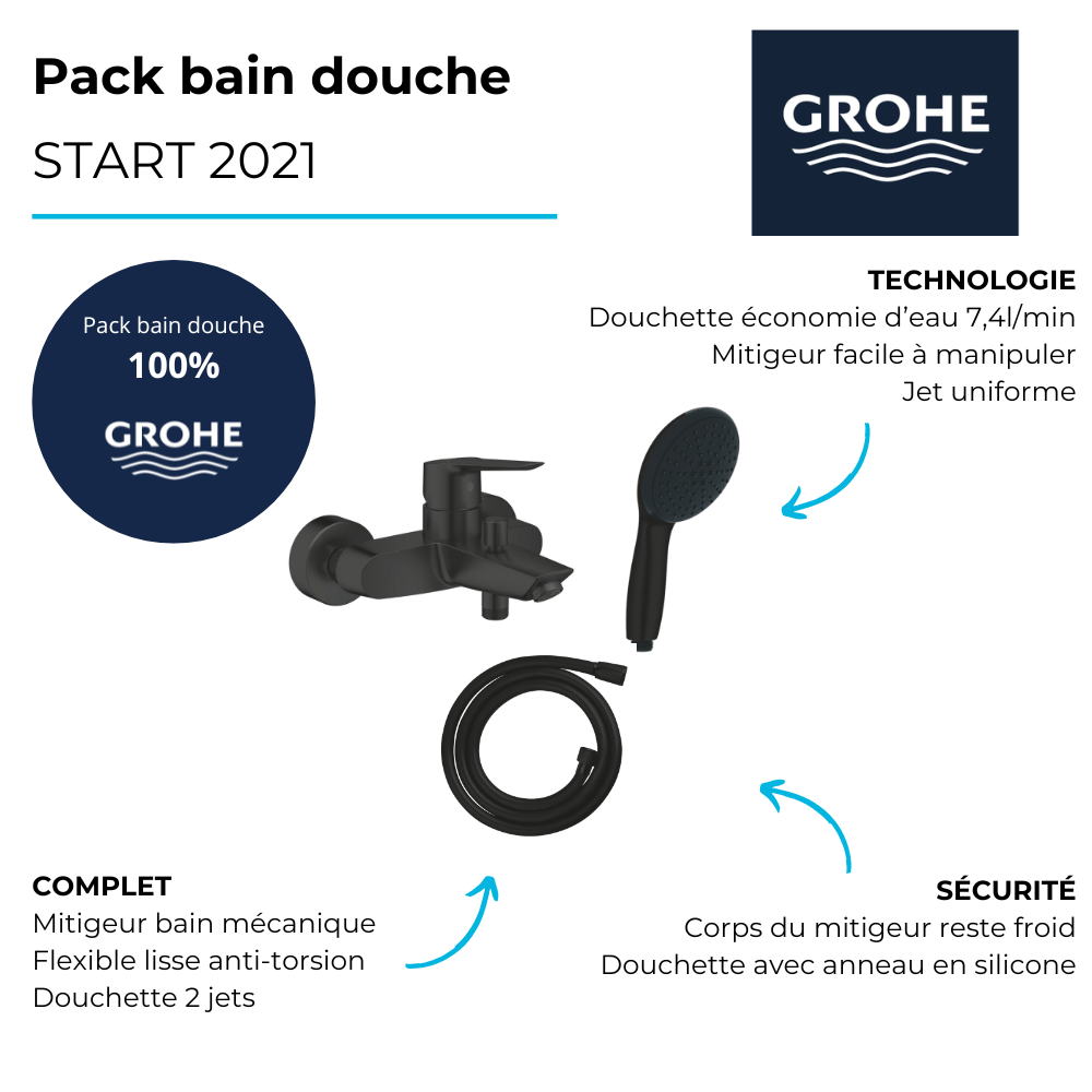 Points forts du mitigeur bain douche mécanique GROHE Start 2021 noir mat + Douchette 2 jets Vitalio GROHE Start 110 + Flexible