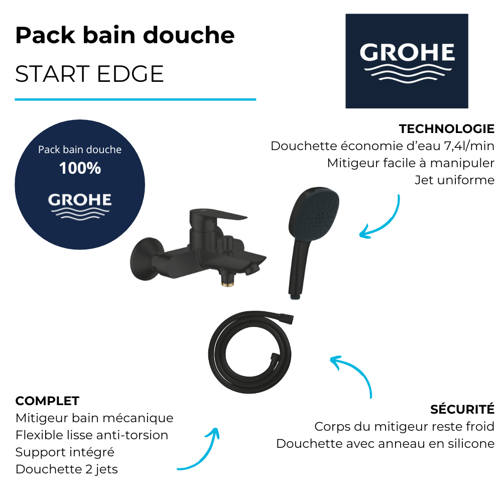 Mitigeur bain douche mécanique GROHE Start Edge 2020 noir mat + Douchette 2 jets Vitalio Comfort 110 + Flexible | Batinea