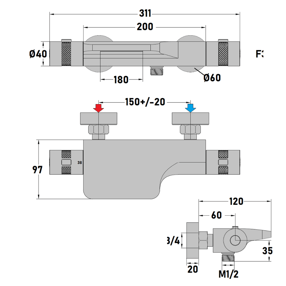 Dimensions du mitigeur bain douche thermostatique PAINI Spirit in situ