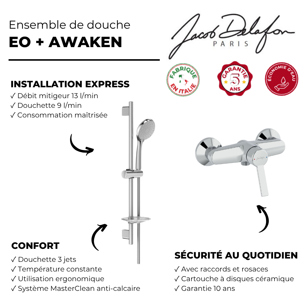 Mitigeur de douche JACOB DELAFON Eo  + ensemble de douche Awaken