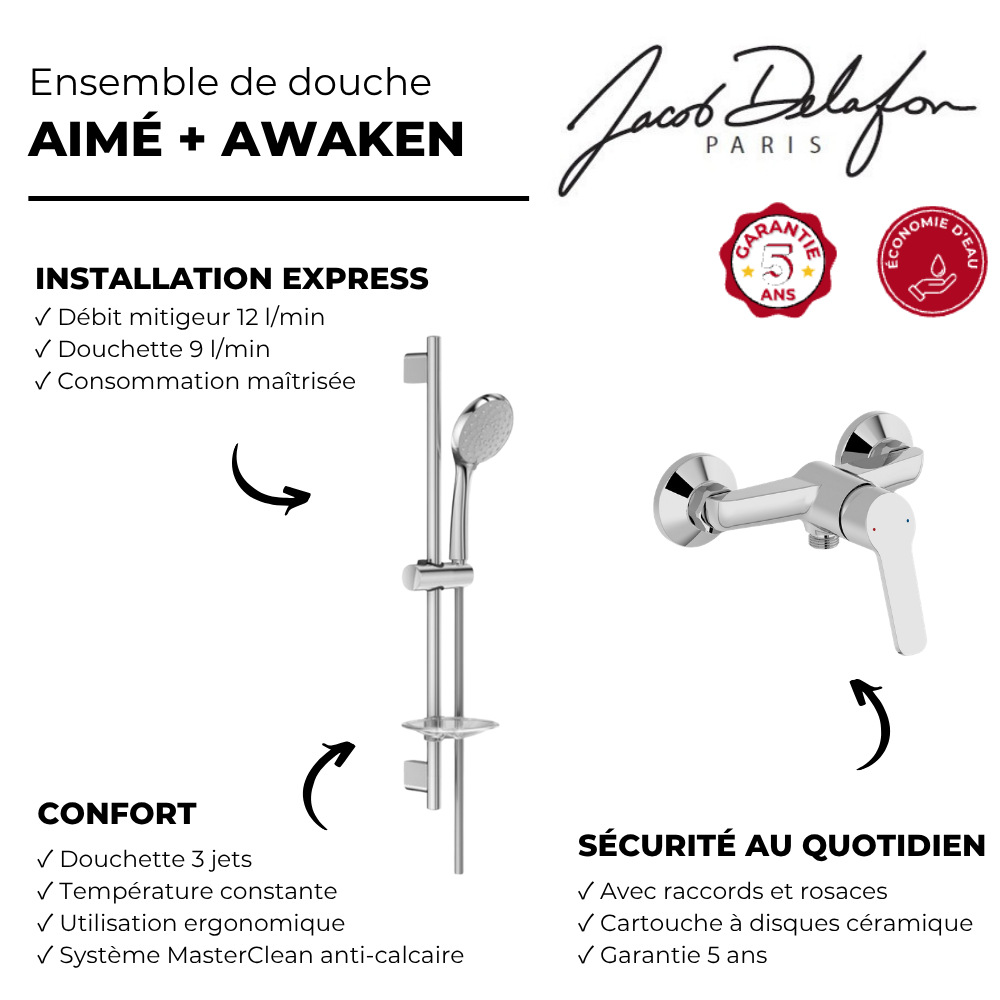 Mitigeur de douche JACOB DELAFON Aimé  + ensemble de douche Awaken