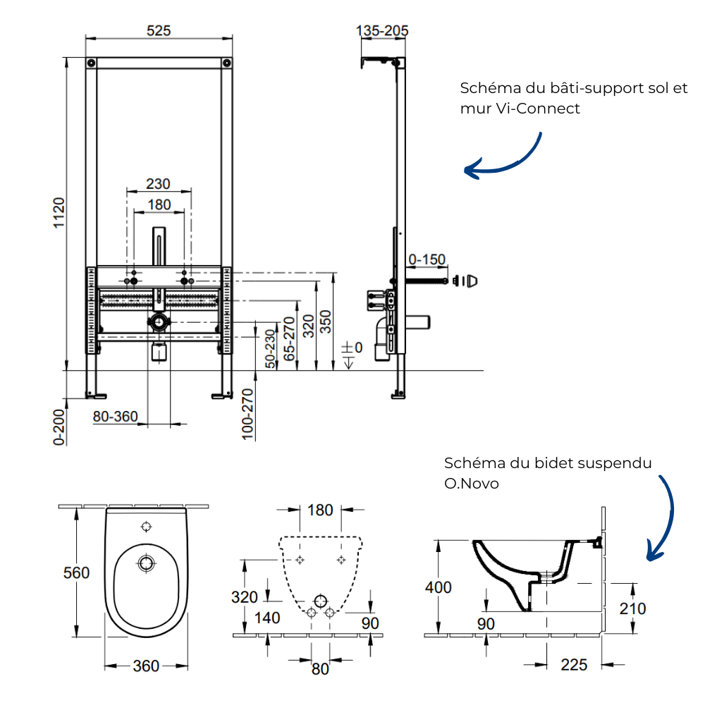 Schema Pack bidet suspendu VILLEROY & BOCH O.Novo + Bâti-support sol et mur Vi-connect