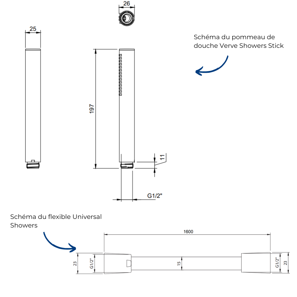 Schema Pommeau de douche VILLEROY & BOCH Verve Showers Stick + Flexible de douche Universal Showers 160 cm