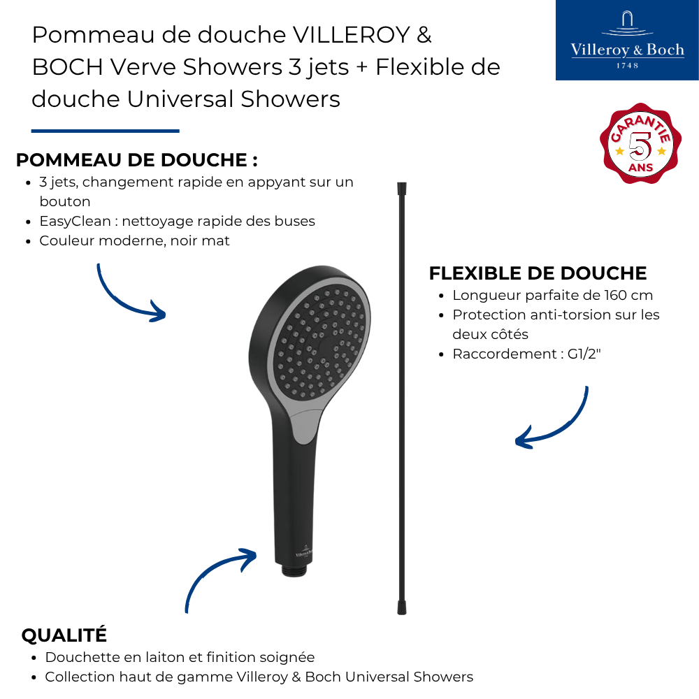Avantages Pommeau de douche VILLEROY & BOCH Verve Showers 3 jets + Flexible de douche Universal Showers 160 cm noir