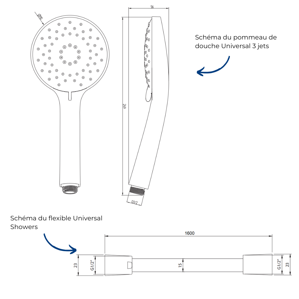 Schema Pommeau de douche VILLEROY & BOCH Universal 3 jets + Flexible de douche Universal Showers 160 cm Chromé